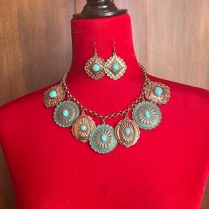 Faux Copper Concho Necklace and Earrings